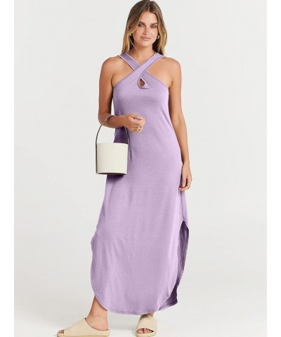 Women’s Casual Summer Maxi Dress Criss Cross Slit Side Sleeveless Loose Beach Long Sundress with Pockets Lilac $16.77 Dresses