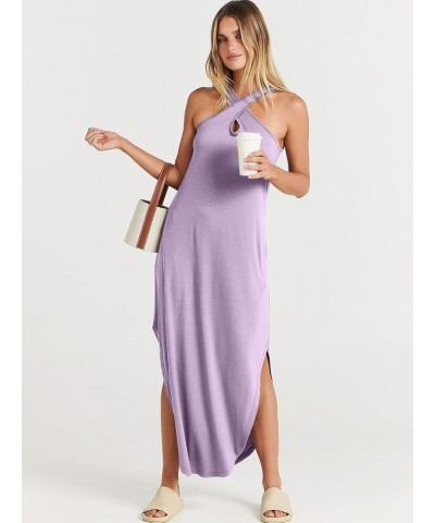 Women’s Casual Summer Maxi Dress Criss Cross Slit Side Sleeveless Loose Beach Long Sundress with Pockets Lilac $16.77 Dresses