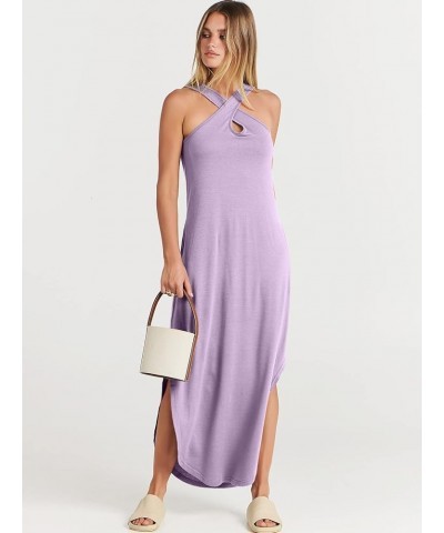 Women’s Casual Summer Maxi Dress Criss Cross Slit Side Sleeveless Loose Beach Long Sundress with Pockets Lilac $16.77 Dresses