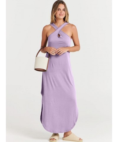 Women’s Casual Summer Maxi Dress Criss Cross Slit Side Sleeveless Loose Beach Long Sundress with Pockets Lilac $16.77 Dresses