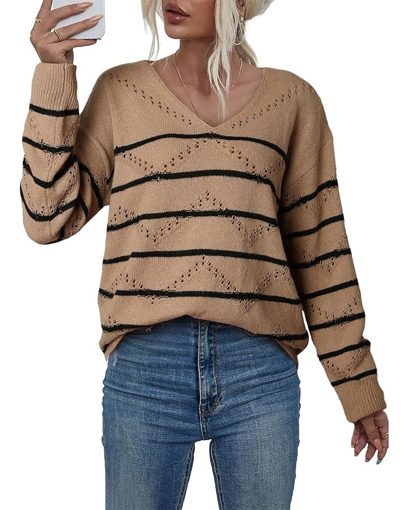 Women's Crochet Sweater Top Hollow Out Long Sleeve Pullover Tops Fall Outfits Fashion 2023 Brown Stripe $24.77 Sweaters