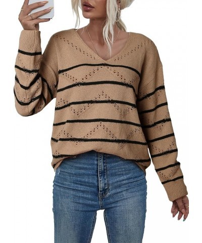 Women's Crochet Sweater Top Hollow Out Long Sleeve Pullover Tops Fall Outfits Fashion 2023 Brown Stripe $24.77 Sweaters