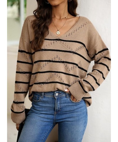 Women's Crochet Sweater Top Hollow Out Long Sleeve Pullover Tops Fall Outfits Fashion 2023 Brown Stripe $24.77 Sweaters