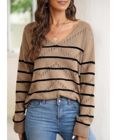 Women's Crochet Sweater Top Hollow Out Long Sleeve Pullover Tops Fall Outfits Fashion 2023 Brown Stripe $24.77 Sweaters