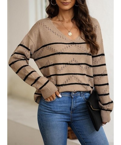 Women's Crochet Sweater Top Hollow Out Long Sleeve Pullover Tops Fall Outfits Fashion 2023 Brown Stripe $24.77 Sweaters