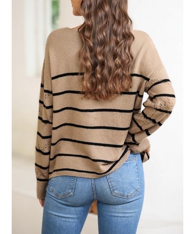 Women's Crochet Sweater Top Hollow Out Long Sleeve Pullover Tops Fall Outfits Fashion 2023 Brown Stripe $24.77 Sweaters