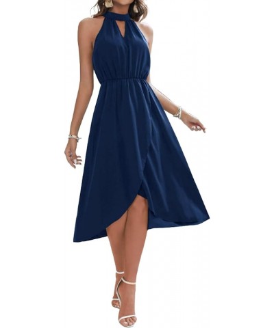 Women's Halter Tie Back High Waist Sleeveless Flowy Wrap Hem A Line Midi Dress Navy Blue $22.00 Dresses