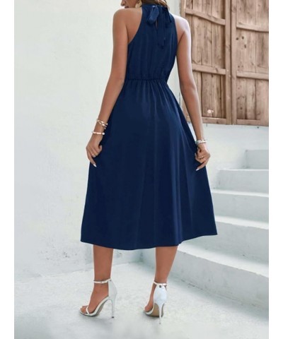 Women's Halter Tie Back High Waist Sleeveless Flowy Wrap Hem A Line Midi Dress Navy Blue $22.00 Dresses