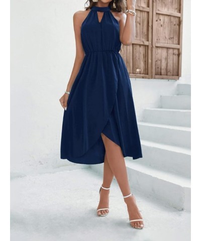 Women's Halter Tie Back High Waist Sleeveless Flowy Wrap Hem A Line Midi Dress Navy Blue $22.00 Dresses