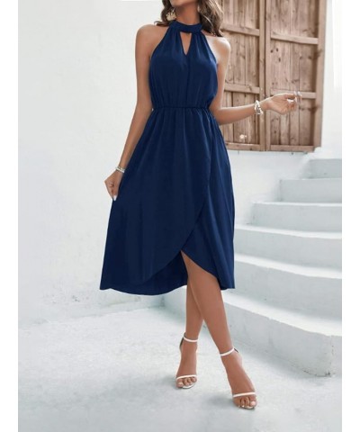 Women's Halter Tie Back High Waist Sleeveless Flowy Wrap Hem A Line Midi Dress Navy Blue $22.00 Dresses