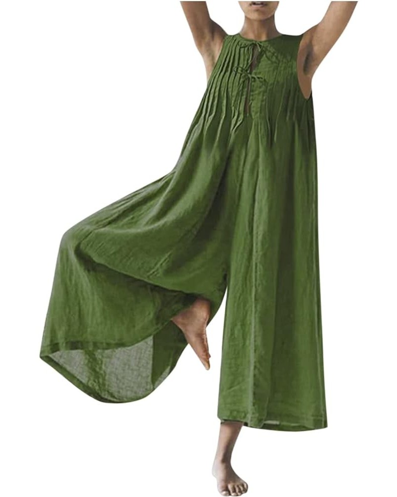 Jumpsuits for Women Dressy Button T-Shirt One Piece Solid 3/4 Sleeve Plus Size Rompers Summer Wide Leg Pocket Overalls Green-...