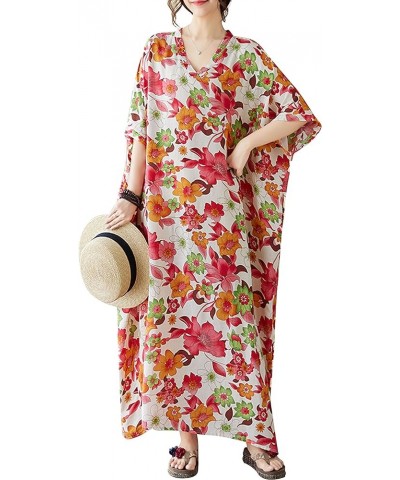 Women Loose Cotton Linen Dress Boho Floral Print 3/4 Sleeve Dress with Pockets 23780 Style $12.47 Dresses