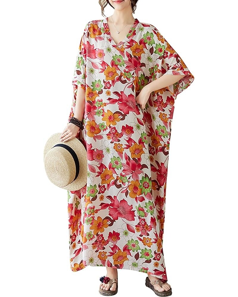 Women Loose Cotton Linen Dress Boho Floral Print 3/4 Sleeve Dress with Pockets 23780 Style $12.47 Dresses