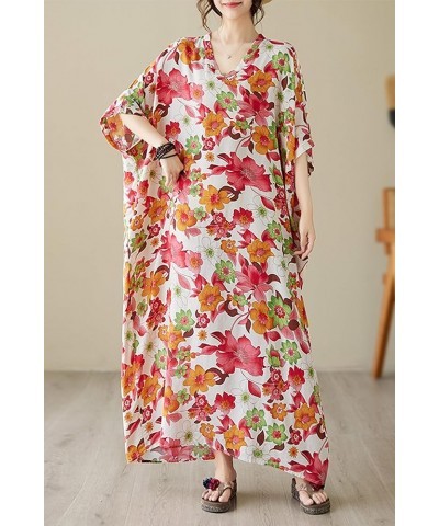 Women Loose Cotton Linen Dress Boho Floral Print 3/4 Sleeve Dress with Pockets 23780 Style $12.47 Dresses