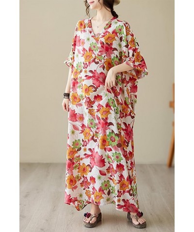 Women Loose Cotton Linen Dress Boho Floral Print 3/4 Sleeve Dress with Pockets 23780 Style $12.47 Dresses