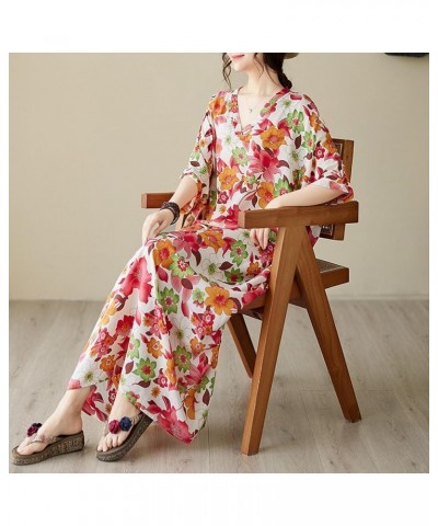 Women Loose Cotton Linen Dress Boho Floral Print 3/4 Sleeve Dress with Pockets 23780 Style $12.47 Dresses