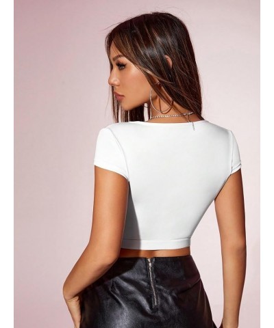 Women's Y2k Deep V Neck Cut Out Front Crop Tops Cap Sleeve Slim Fit T Shirt Pure White $14.39 T-Shirts