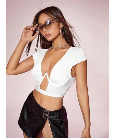 Women's Y2k Deep V Neck Cut Out Front Crop Tops Cap Sleeve Slim Fit T Shirt Pure White $14.39 T-Shirts