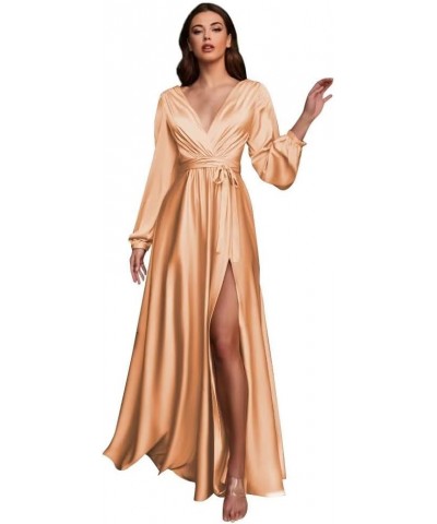 Women's Long Sleeve Bridesmaid Dresses for Wedding V-Neck Satin Formal Dress Evening Gowns with Slit Rose Gold $27.94 Dresses