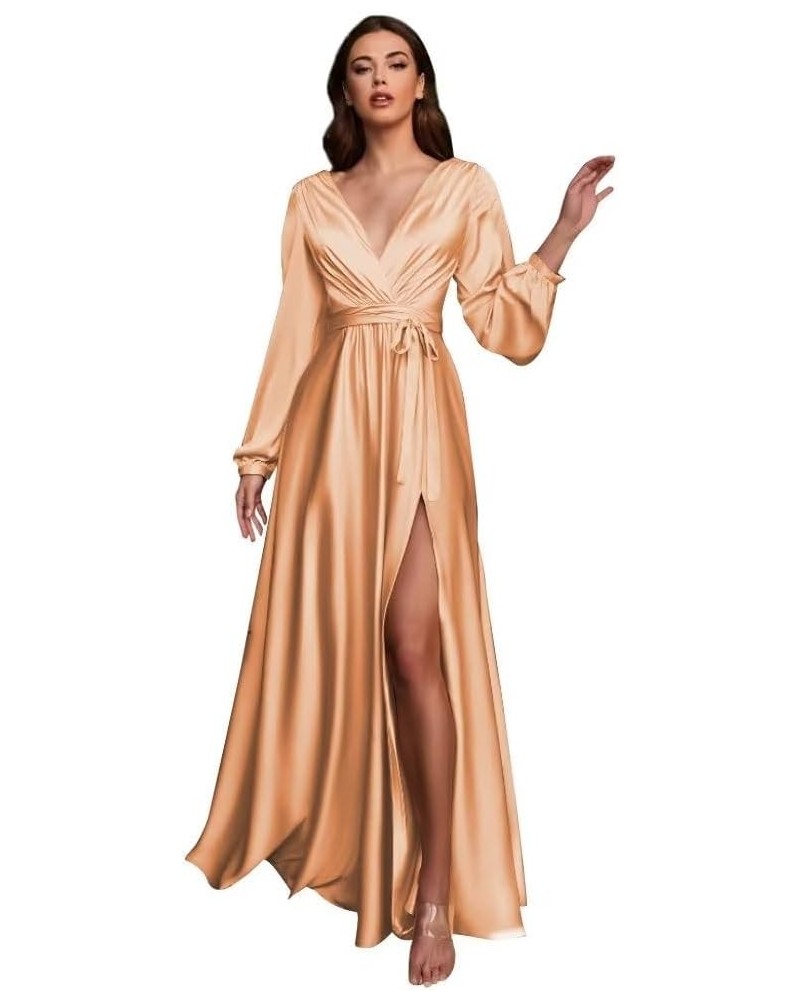 Women's Long Sleeve Bridesmaid Dresses for Wedding V-Neck Satin Formal Dress Evening Gowns with Slit Rose Gold $27.94 Dresses