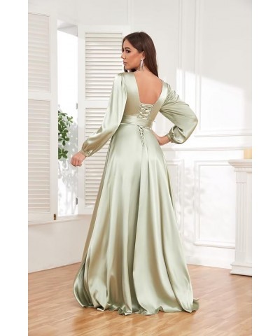 Women's Long Sleeve Bridesmaid Dresses for Wedding V-Neck Satin Formal Dress Evening Gowns with Slit Rose Gold $27.94 Dresses