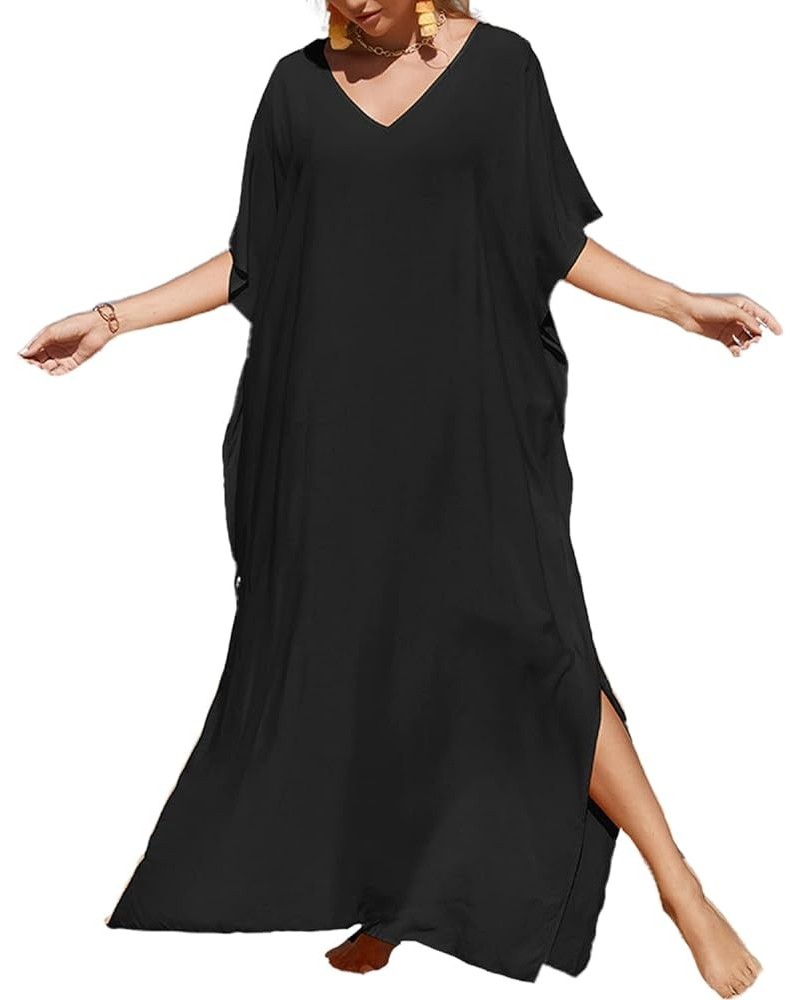 Solid Color Kaftan Dresses for Women Plus Size Caftans Long Swimsuit Cover Ups A-black $13.76 Swimsuits