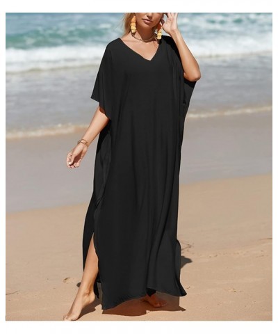 Solid Color Kaftan Dresses for Women Plus Size Caftans Long Swimsuit Cover Ups A-black $13.76 Swimsuits