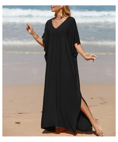 Solid Color Kaftan Dresses for Women Plus Size Caftans Long Swimsuit Cover Ups A-black $13.76 Swimsuits