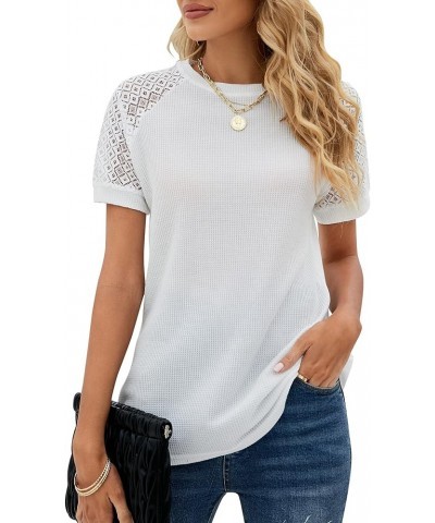 Womens Summer Lace Short Sleeve Tshirts Crew Neck Casual Loose Tops Shirt Blouses White $10.63 T-Shirts