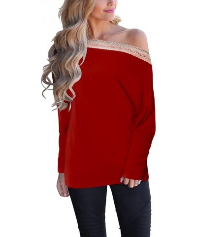 Womens Casual Tunic Blouse Tops Long Sleeve Lace Off Shoulder Loose T Shirts Batwing Pullover Tee Long Sleeve Red $11.53 Tops