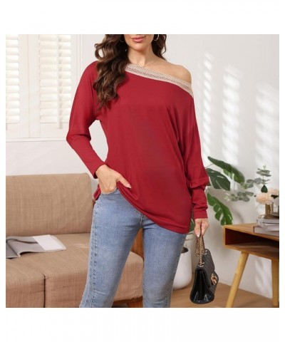 Womens Casual Tunic Blouse Tops Long Sleeve Lace Off Shoulder Loose T Shirts Batwing Pullover Tee Long Sleeve Red $11.53 Tops