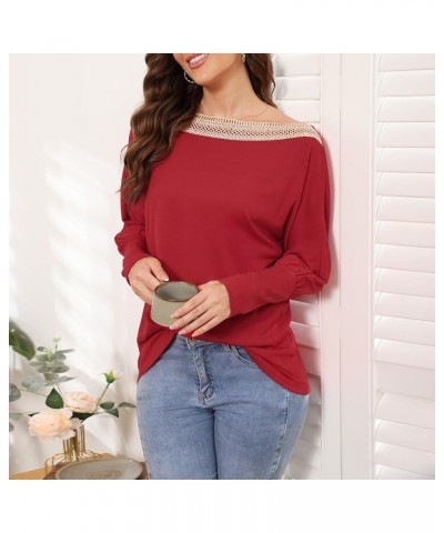 Womens Casual Tunic Blouse Tops Long Sleeve Lace Off Shoulder Loose T Shirts Batwing Pullover Tee Long Sleeve Red $11.53 Tops