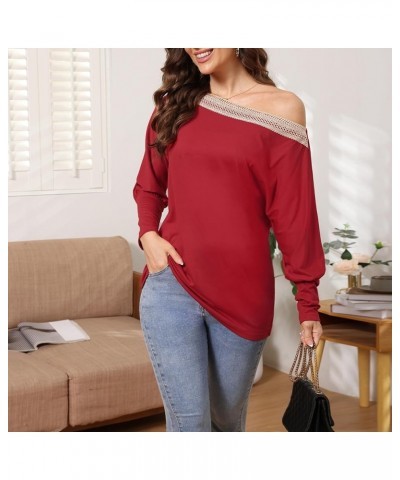 Womens Casual Tunic Blouse Tops Long Sleeve Lace Off Shoulder Loose T Shirts Batwing Pullover Tee Long Sleeve Red $11.53 Tops