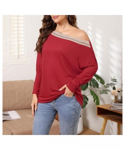 Womens Casual Tunic Blouse Tops Long Sleeve Lace Off Shoulder Loose T Shirts Batwing Pullover Tee Long Sleeve Red $11.53 Tops