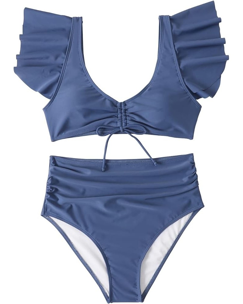 Women Ruffle Flounce High Waisted Bikini Tie Bandeau Two Piece Swimsuit Blue $11.33 Swimsuits