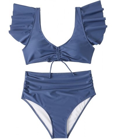 Women Ruffle Flounce High Waisted Bikini Tie Bandeau Two Piece Swimsuit Blue $11.33 Swimsuits