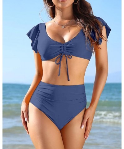 Women Ruffle Flounce High Waisted Bikini Tie Bandeau Two Piece Swimsuit Blue $11.33 Swimsuits