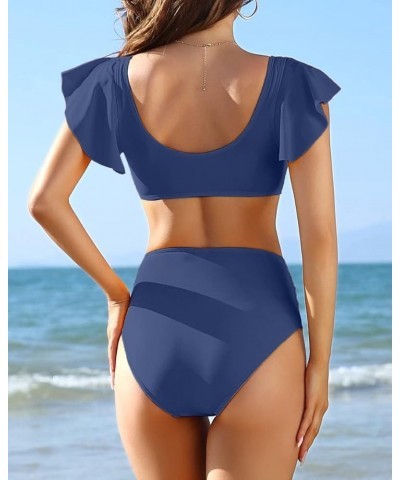 Women Ruffle Flounce High Waisted Bikini Tie Bandeau Two Piece Swimsuit Blue $11.33 Swimsuits