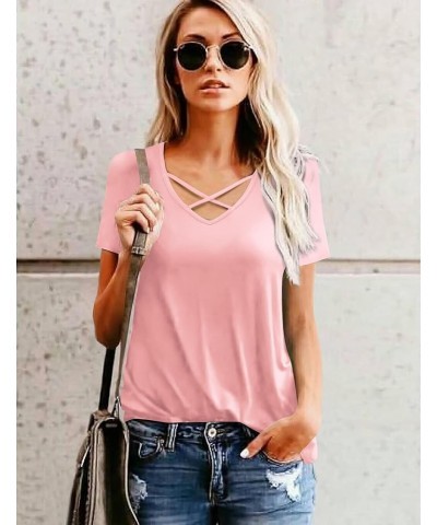 Womens Tops Casual V Neck Short/Long Sleeve Criss Cross T-Shirt Summer Blouse A: Pink Z $10.00 T-Shirts