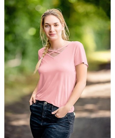 Womens Tops Casual V Neck Short/Long Sleeve Criss Cross T-Shirt Summer Blouse A: Pink Z $10.00 T-Shirts