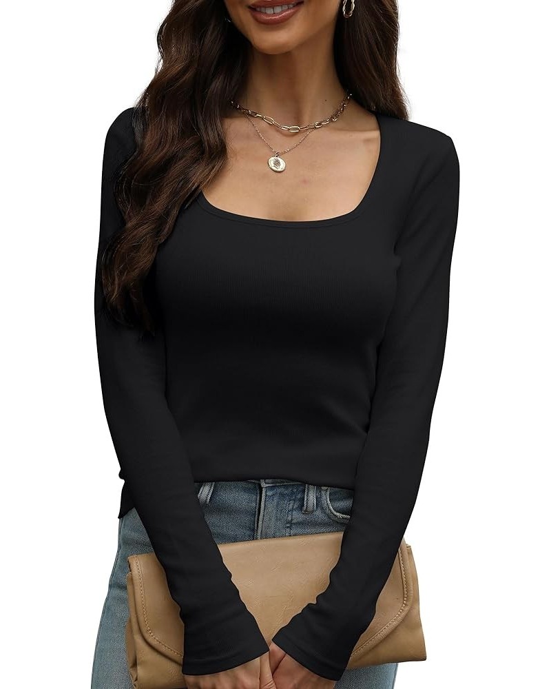 Long Sleeve Shirts for Women Scoop/Square Neck Stretch Slim Ribbed Knit T-Shirt Basic Casual Cotton Tops Black-1 $16.80 Tops