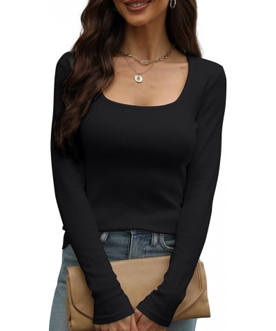 Long Sleeve Shirts for Women Scoop/Square Neck Stretch Slim Ribbed Knit T-Shirt Basic Casual Cotton Tops Black-1 $16.80 Tops