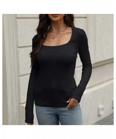 Long Sleeve Shirts for Women Scoop/Square Neck Stretch Slim Ribbed Knit T-Shirt Basic Casual Cotton Tops Black-1 $16.80 Tops