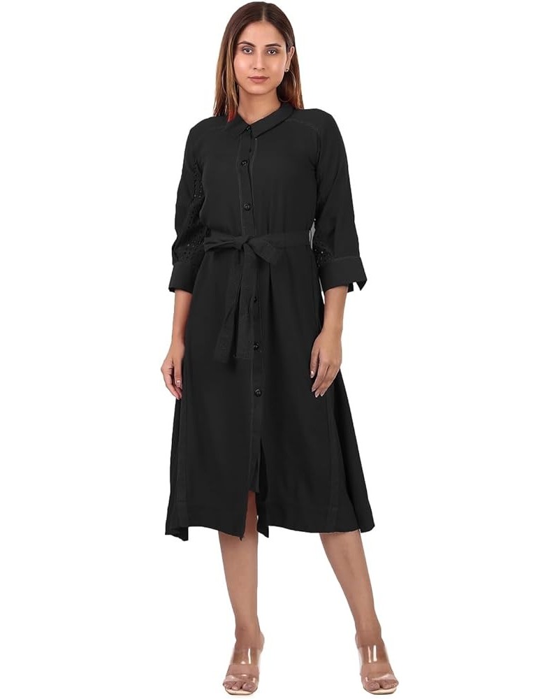 Womens Plain Rayon Midi Dress Front Slit Cut Embroidered Belt Collar Button Neck Kurta Black $25.92 Dresses