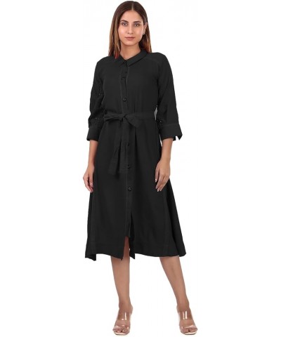 Womens Plain Rayon Midi Dress Front Slit Cut Embroidered Belt Collar Button Neck Kurta Black $25.92 Dresses