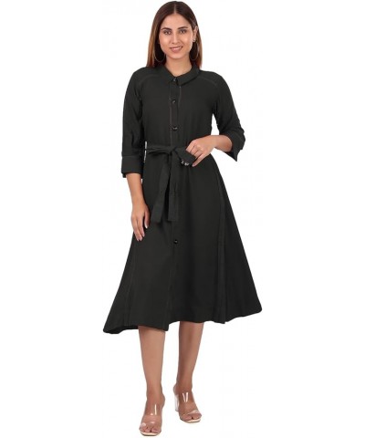 Womens Plain Rayon Midi Dress Front Slit Cut Embroidered Belt Collar Button Neck Kurta Black $25.92 Dresses