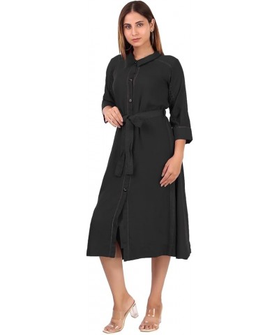 Womens Plain Rayon Midi Dress Front Slit Cut Embroidered Belt Collar Button Neck Kurta Black $25.92 Dresses