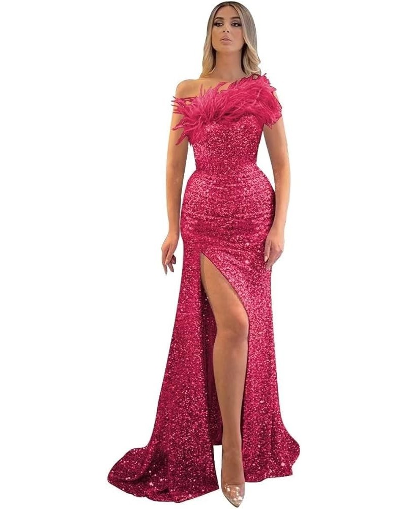 Feather Sequins Prom Dress One Shoulder Formal Dress Mermaid Evening Gown SY89 Hot Pink $34.50 Dresses