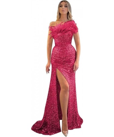 Feather Sequins Prom Dress One Shoulder Formal Dress Mermaid Evening Gown SY89 Hot Pink $34.50 Dresses