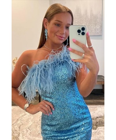 Feather Sequins Prom Dress One Shoulder Formal Dress Mermaid Evening Gown SY89 Hot Pink $34.50 Dresses